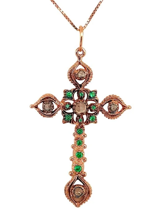 Necklace - 9 kt. Rose gold, Silver Diamond (Natural) - Emerald