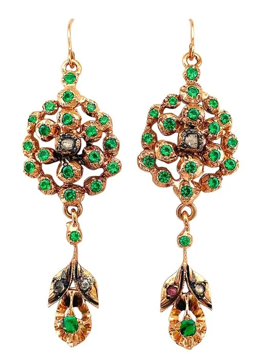 Earrings - 9 kt. Rose gold, Silver Diamond (Natural) - Emerald
