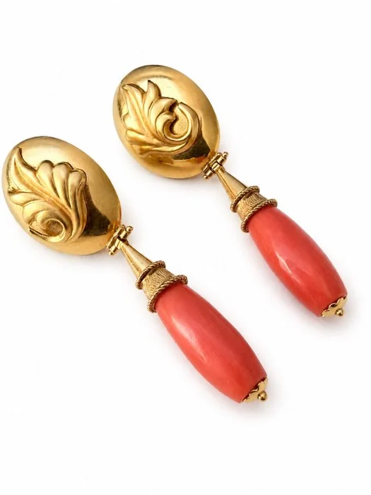 Drop earrings - 18 kt. Yellow gold Coral - Natural Faceted Sardinia