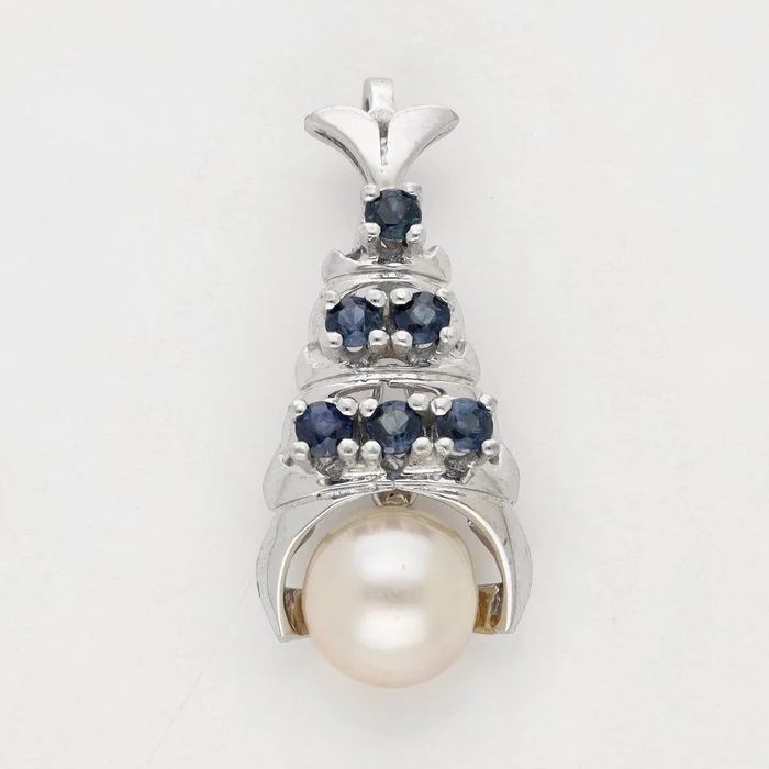 Pendant - 14 kt. White gold Pearl - Sapphire