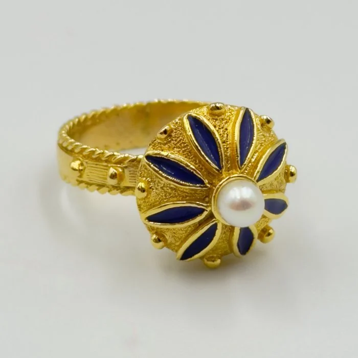 Ring - 18 kt. Yellow gold - Pearl - Blue Enamel