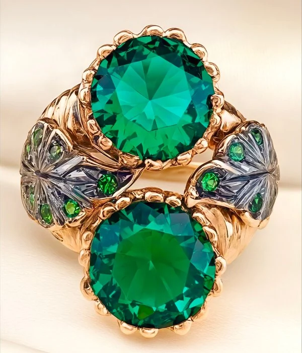 Ring - 9 kt. Rose gold, Silver Emerald - Emerald