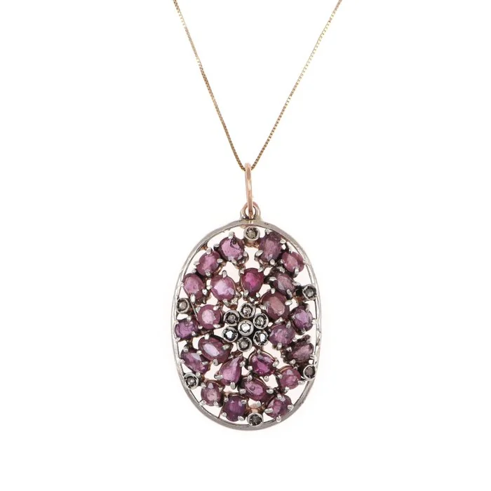 Necklace with pendant - 12 kt. Rose gold, Silver Ruby - Diamond