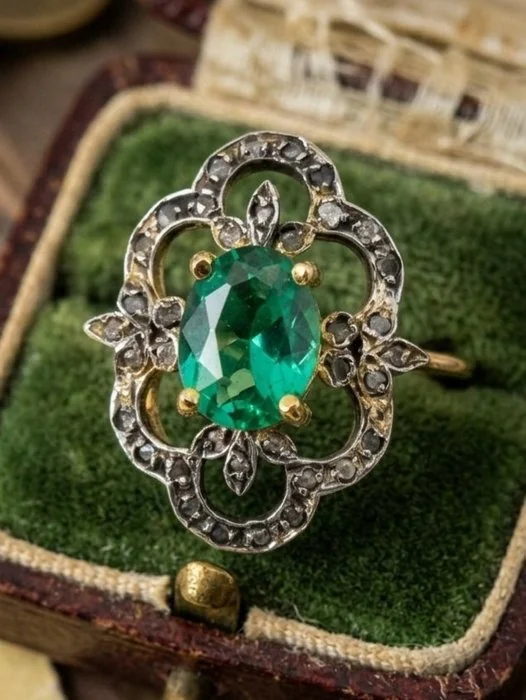 Ring - 9 kt. Yellow gold, Silver Emerald - Diamond