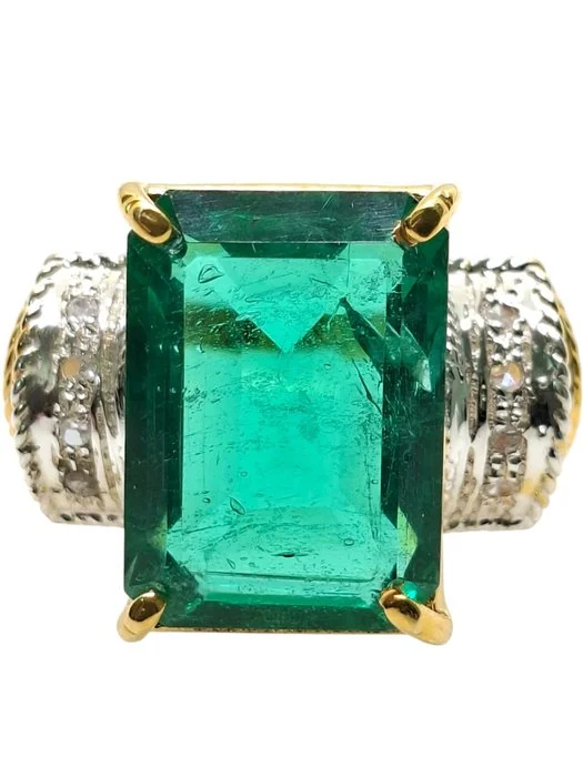 Ring - 9 kt. Silver, Yellow gold Emerald - Diamond