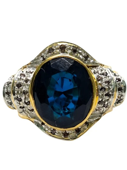 Ring - 9 kt. Silver, Yellow gold Sapphire - Diamond
