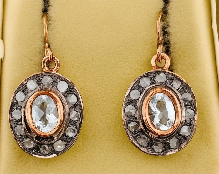 Earrings - 9 kt. Rose gold, Silver Aquamarine - Diamond