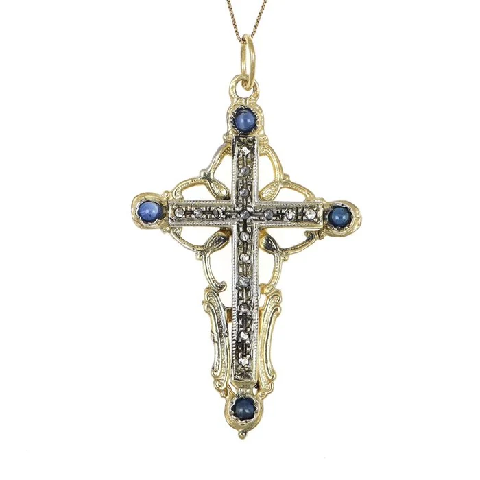 Necklace with pendant - 12 kt. Yellow gold, Silver Sapphire - Diamond
