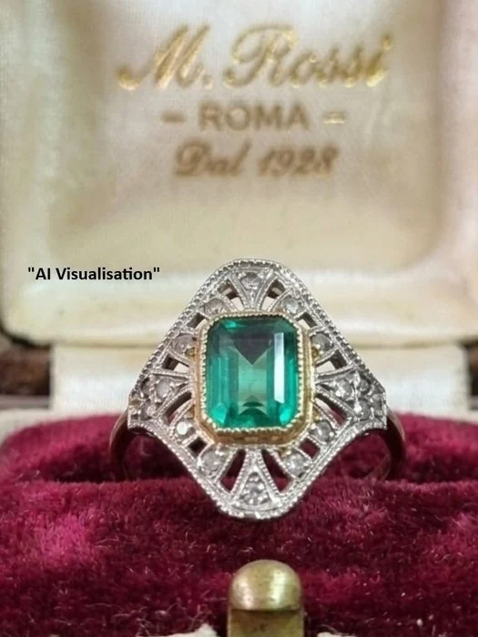 Ring - 9 kt. Silver, Yellow gold Emerald - Diamond