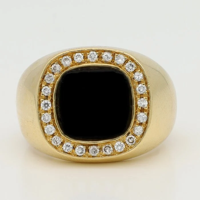 Signet ring - 18 kt. Yellow gold Onyx - Diamond