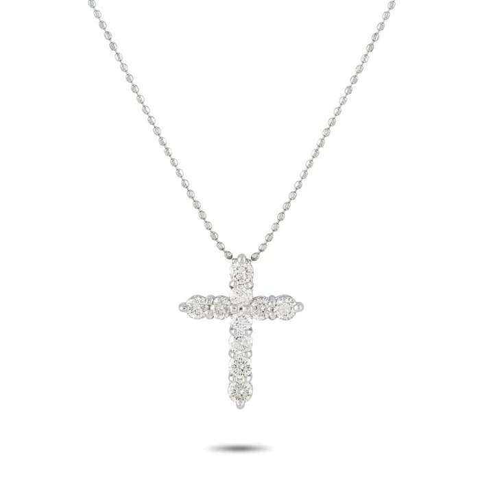 Necklace with pendant - 18 kt. White gold, 18K White Gold 0.70ct Diamond Cross Pendant Necklace - 0.70ct. tw. Diamond (Natural)